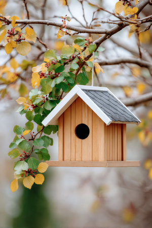 Wooden birdhouse offering shelter, hanging on an aspen tree branch with green and yellow leavesの素材