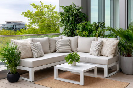 Comfortable sofa, coffee table, and plants decorating a modern outdoor balcony areaの素材