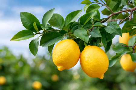 Ripe yellow lemons hanging from a branch among green leaves in an orchardの素材