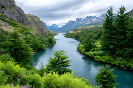 Turquoise river winding through lush green forest with mountains under cloudy sky in Patagoniaの素材