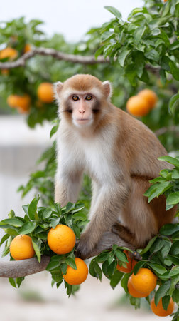 Rhesus macaque monkey sitting among green leaves and ripe orange fruits on a tree branchの素材