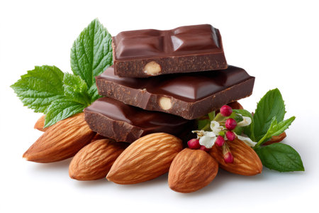Stacked dark chocolate pieces with whole almonds and fresh mint on a white backgroundの素材