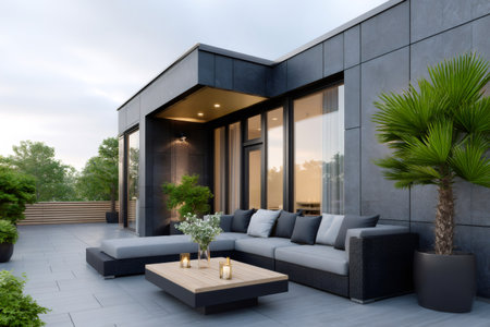 Contemporary residential rooftop patio featuring outdoor sectional sofa and coffee tableの素材