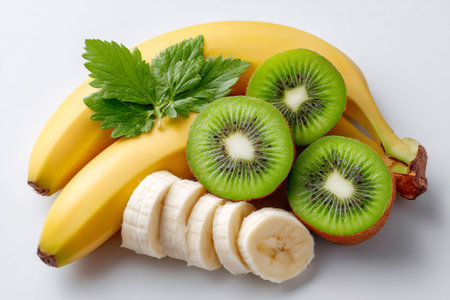 Freshly sliced kiwi and banana presenting a vibrant healthy eating conceptの素材