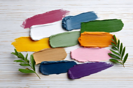 Various colorful paint brushstrokes with green leaves creating a modern color paletteの素材