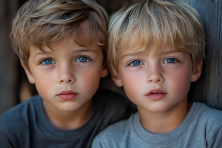 Two young brothers with blue eyes and blonde hair posing together outdoorsの素材