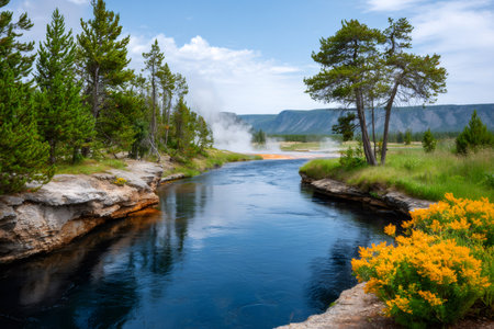 Firehole River flowing past steaming hot springs and colorful mineral deposits in Yellowstone National Parkの素材