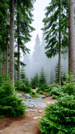 Foggy forest path leading through tall evergreen trees and rocks, creating a mysterious atmosphereの素材