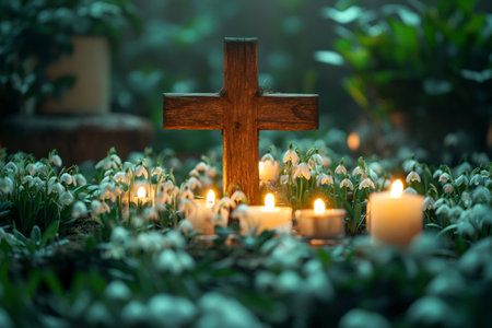 Wooden cross surrounded by glowing candles and white snowdrops, creating a solemn sceneの素材