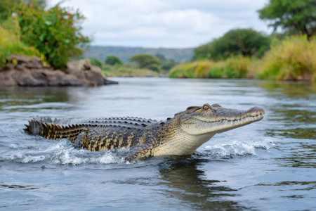 Nile crocodile emerging from the water in a natural African habitatの素材