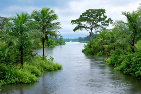 River flowing through dense rainforest with palm trees under a cloudy skyの素材