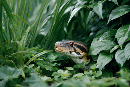 Snake finding cover and observing its environment among green leavesの素材