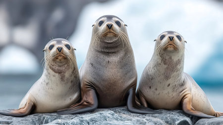 Three fur seals sit together on a rock, watching with curiosityの素材