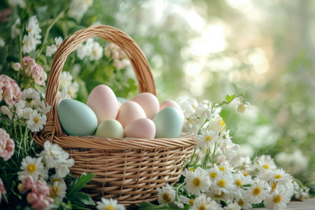 Pastel Easter eggs arranged in a wicker basket among fresh spring blossomsの素材