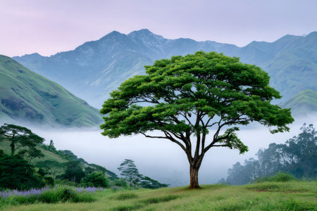 Solitary tree standing on a hill overlooking a fog filled valley and distant mountainsの素材
