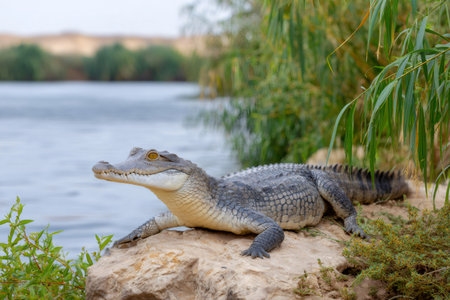 Crocodile resting on a large rock by the river water, looking alert in its natural habitatの素材