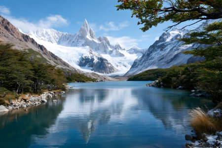 Snow-capped massif reflecting in the clear mountain lake water surrounded by treesの素材