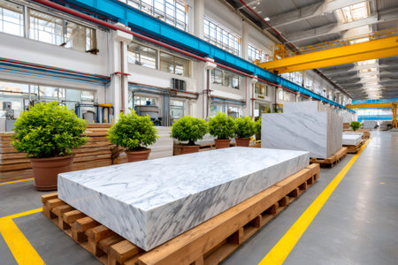 Large marble blocks in a modern stone production facilityの素材