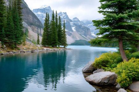 Moraine Lake showcasing turquoise water, forests, and the surrounding Canadian Rocky Mountainsの素材
