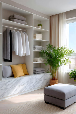 Organized spacious walk-in closet with shelves, drawers, clothes, pillows, and potted plantsの素材