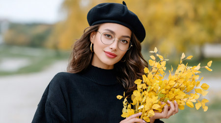 Woman in beret and glasses holding yellow foliage in an autumnal parkの素材