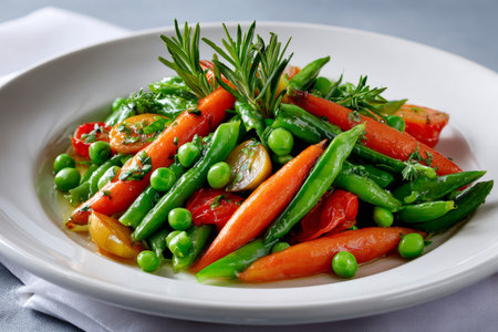 Vegetable side dish featuring roasted carrots, sugar snap peas, and cherry tomatoes, garnished with fresh rosemaryの素材