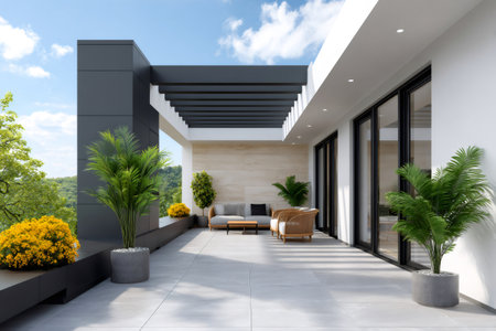 Contemporary rooftop terrace featuring outdoor furniture, potted plants, and scenic viewsの素材