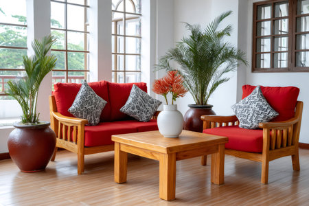 Modern living space featuring wooden furniture, vibrant red cushions, and lush potted palmsの素材