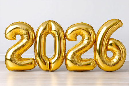 Golden foil balloon numbers forming 2026 standing on a floor against a white backgroundの素材