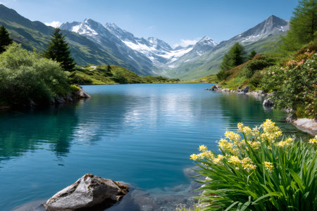 Blue alpine lake surrounded by green slopes below snow-capped peaks in the Alpsの素材