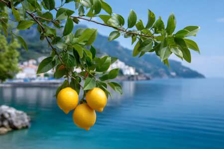 Ripe lemons hanging from a branch overlooking the scenic Amalfi Coast and the blue seaの素材