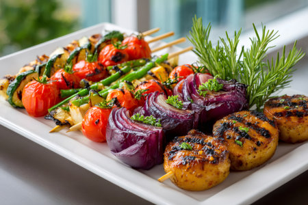 Grilled tomatoes, zucchini, onions, and potatoes creating a healthy vegetarian mealの素材