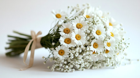 Fresh bouquet of white daisies and baby's breath tied with a ribbon, symbolizing purityの素材