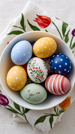 Colorful decorated Easter eggs in a white bowl, resting on a white napkin with tulip patternの素材