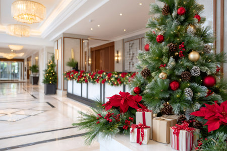 Festive Christmas decorations and gifts creating holiday cheer in a luxury hotel receptionの素材