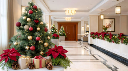 Christmas tree, gifts, and poinsettias adorning a festive hotel lobbyの素材