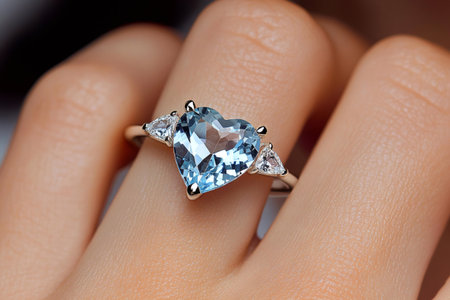 Hand wearing a beautiful heart-shaped aquamarine engagement ring with side diamondsの素材
