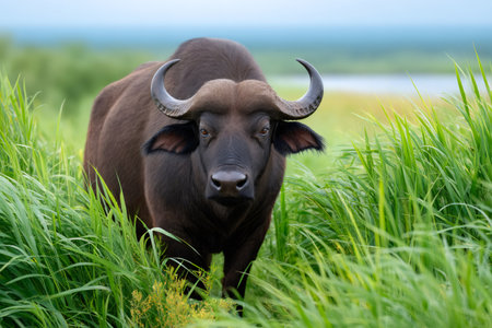 African buffalo standing frontally in tall green grass with blurred water in the backgroundの素材
