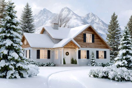 Charming family house covered in snow with festive lights and wreath, surrounded by mountains and pine treesの素材