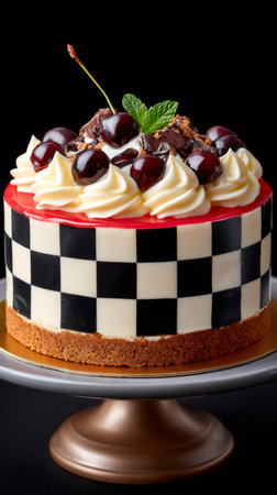 Delicious dessert featuring a black and white checkerboard pattern, topped with fresh cherries and creamの素材