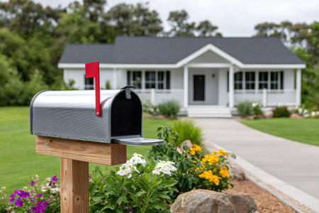 Mailbox in front of a modern suburban house with its red flag up for outgoing mailの素材