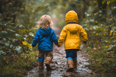 Young children in raincoats walking together on a muddy forest path, sharing a moment of friendshipの素材