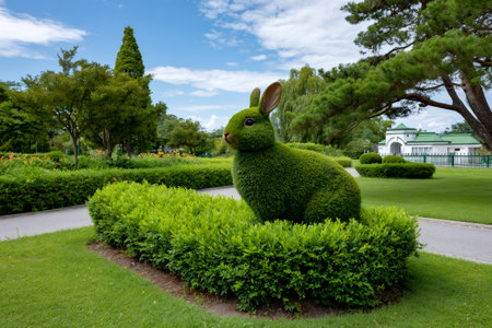 Green topiary rabbit sculpture decorating a beautiful park on a sunny dayの素材