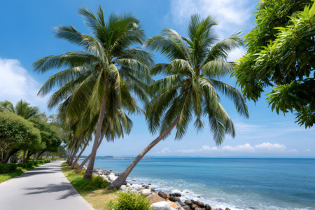 Palm trees framing a serene coastal road next to the clear blue tropical oceanの素材