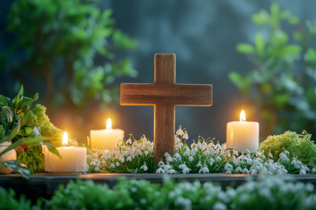 Wooden cross surrounded by snowdrops and lit candles, symbolizing Easter, faith, and renewalの素材