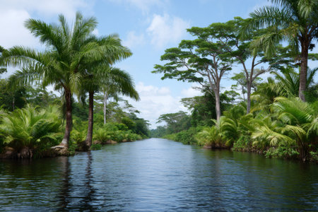 Lush green foliage lining a winding river under a blue skyの素材