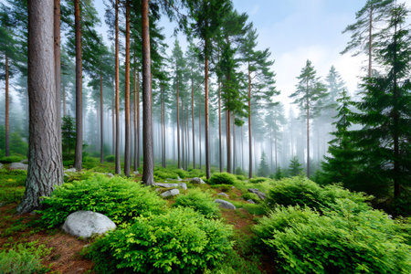 Tall pine trees standing in a mysterious foggy forest with lush green shrubs and rocksの素材
