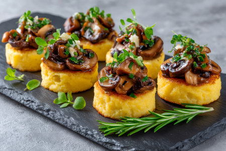 Polenta rounds topped with sautÃ©ed button mushrooms, fresh herbs, and cheese on slateの素材