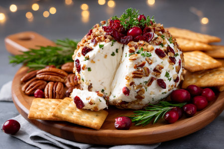 Festive cheese ball serving on wooden board with pecans cranberries and crackersの素材