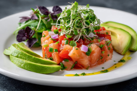 Salmon tartare on a white plate with avocado slices, red onion, chives, and microgreensの素材